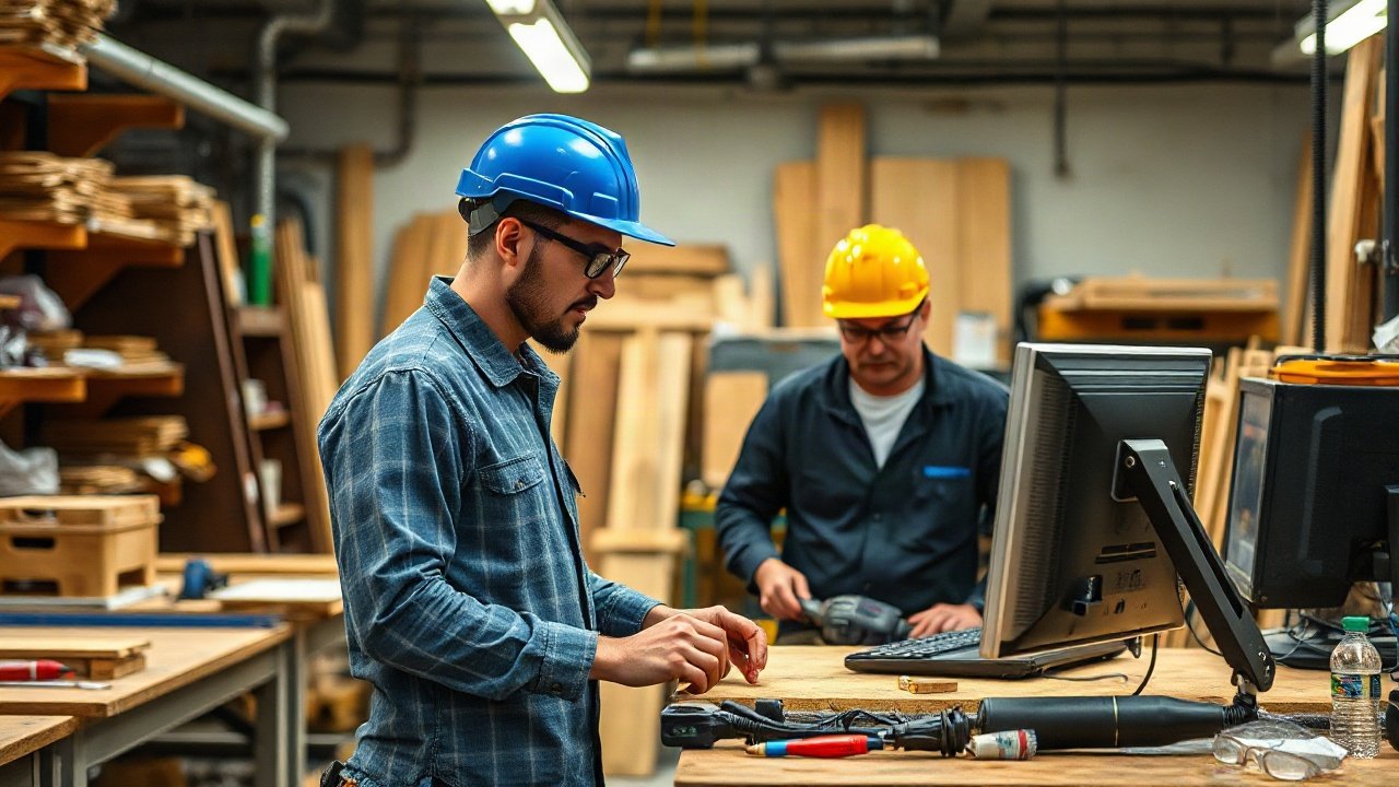 Woodworkers using AI-assisted tools while handling role-specific work