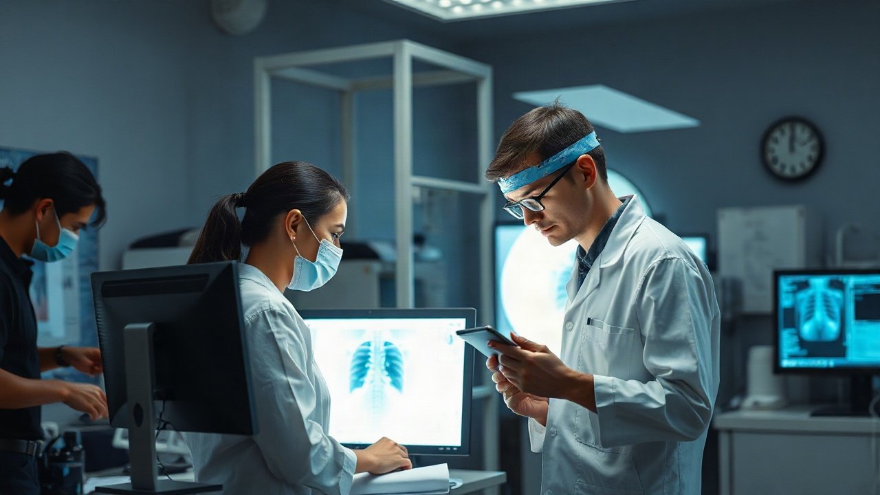 X-ray technician positioning a patient while AI-assisted exposure and quality tools support the examination