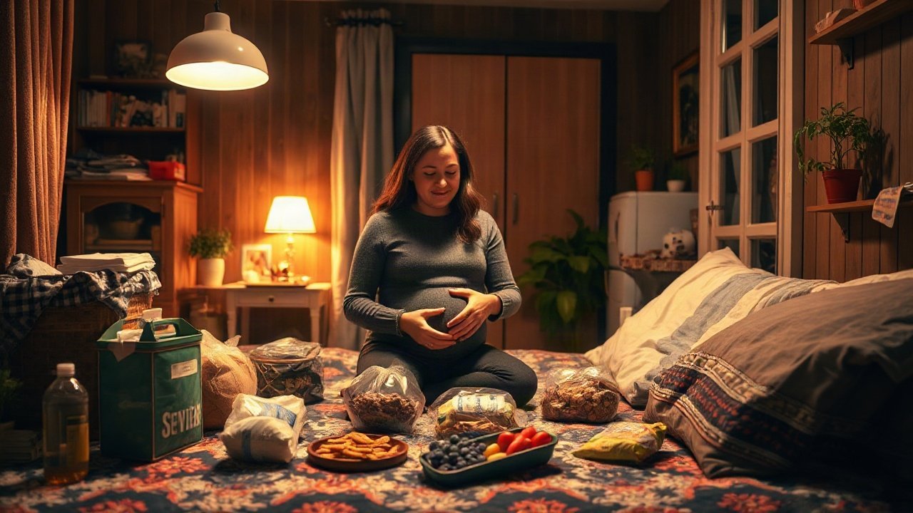 Pregnancy-focused emergency kit with water, snacks, medical notes and contact information