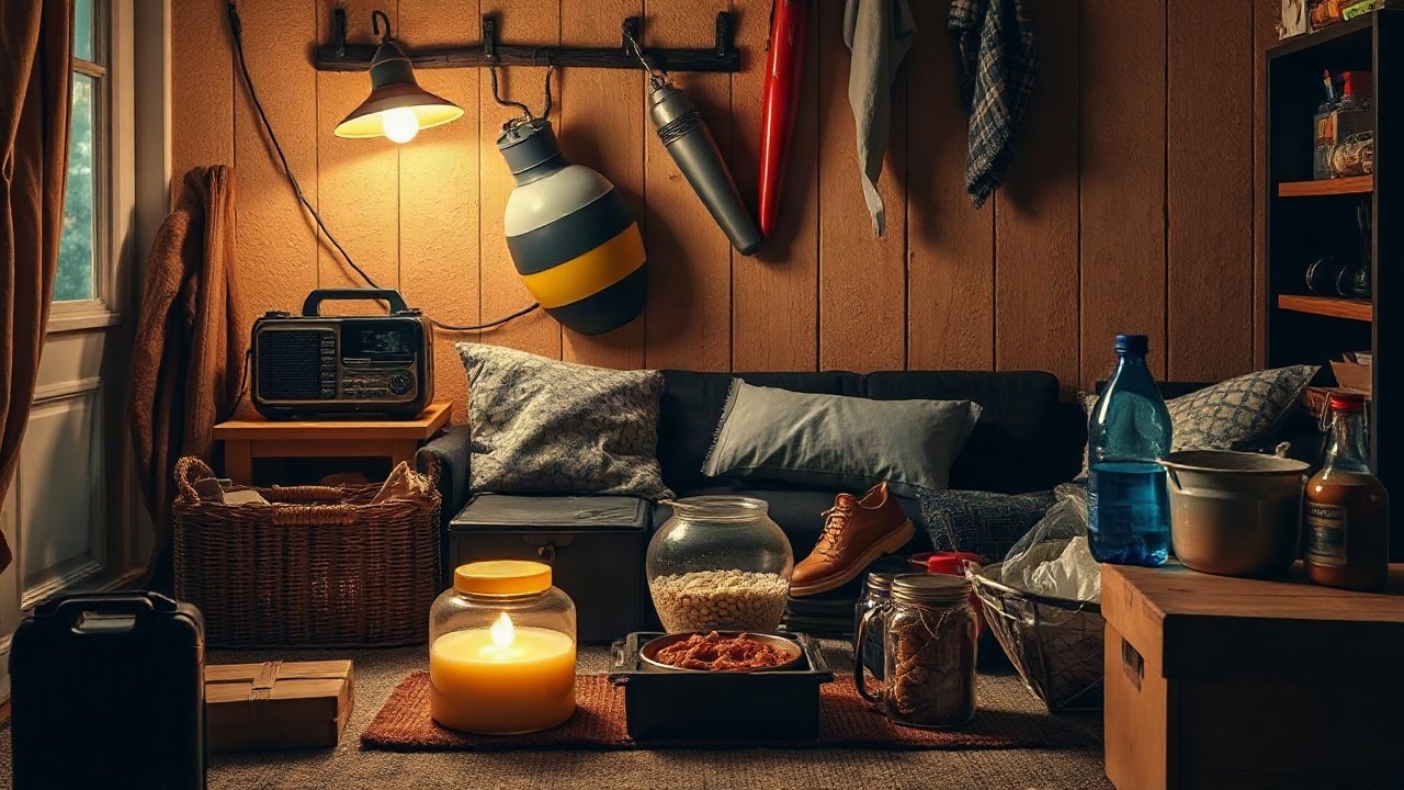Prioritised UK survival-kit list beside practical household emergency items