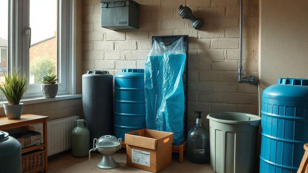 UK home emergency water storage with labelled containers and utility contact information