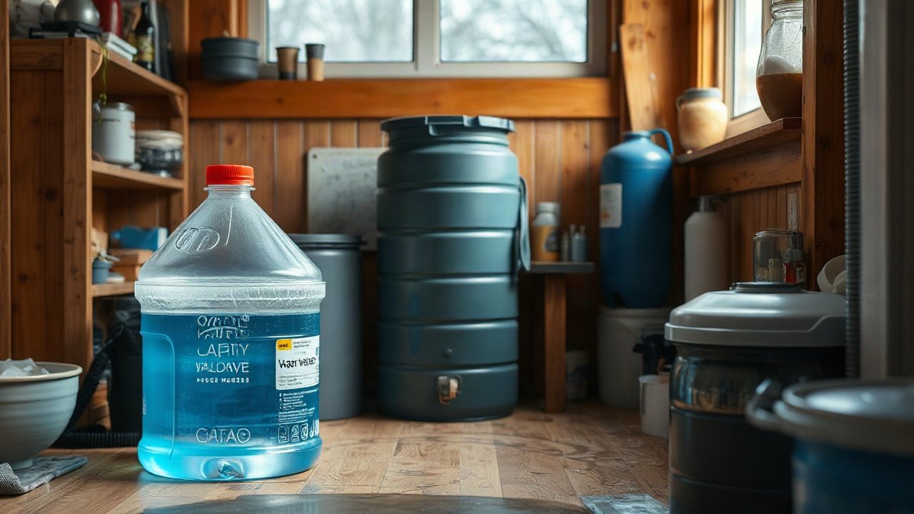 UK household water-outage kit with stored drinking water, containers and hygiene supplies