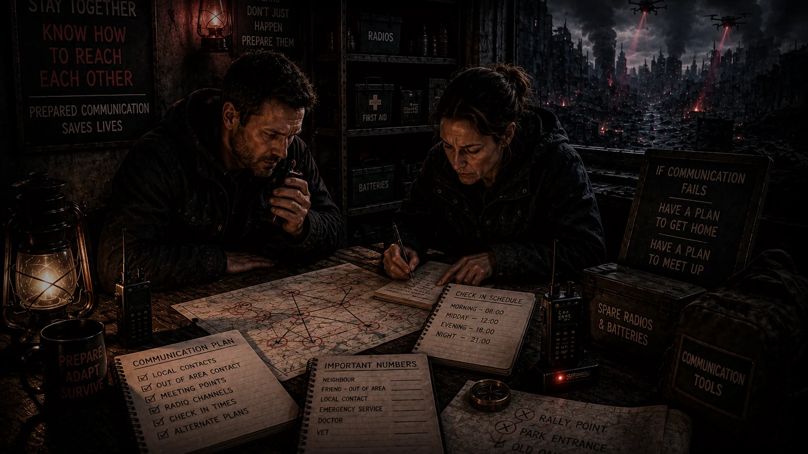 Two adults using radios, maps and written communication plans in a bunker while autonomous drones sweep the ruins outside