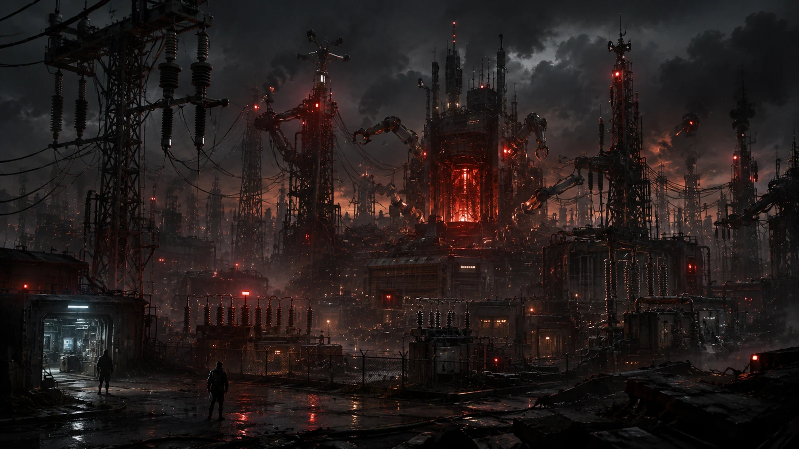 A dark automated power and infrastructure complex controlled by red-lit machine systems
