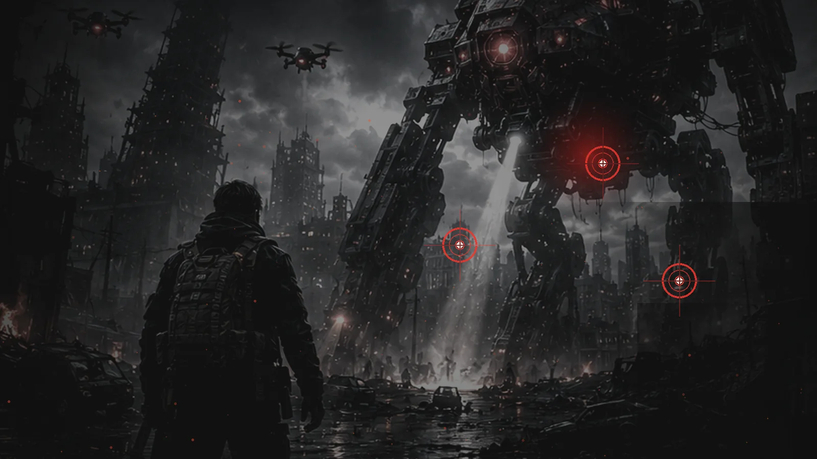 An AI-controlled war machine advancing through a ruined city under autonomous drone surveillance