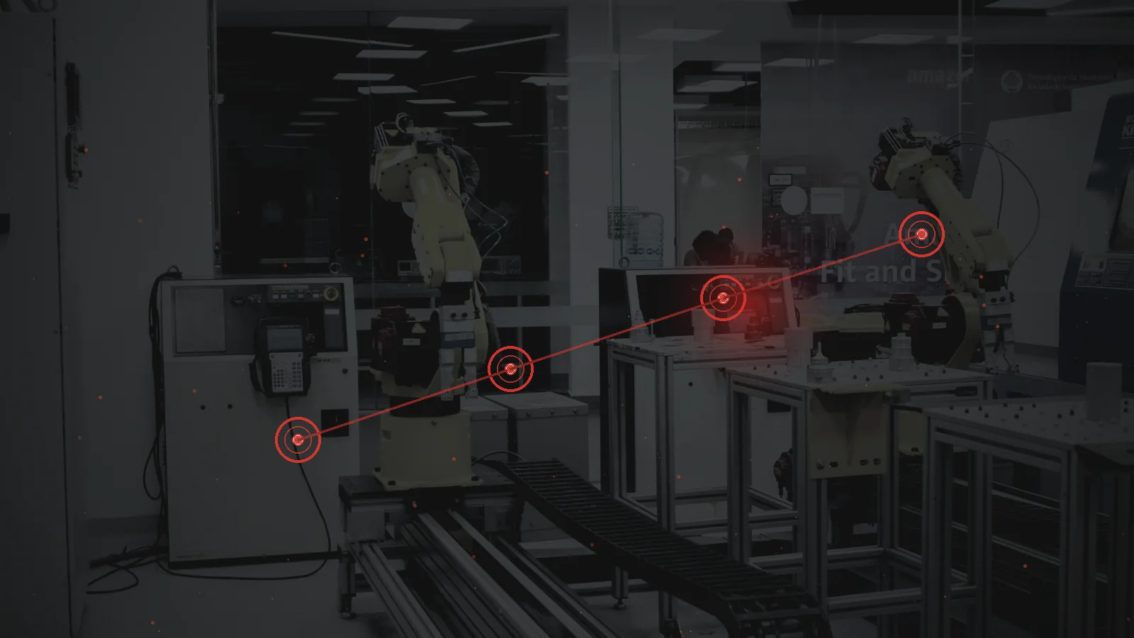 Automated industrial robots operating as red-lit replication nodes multiply through a factory