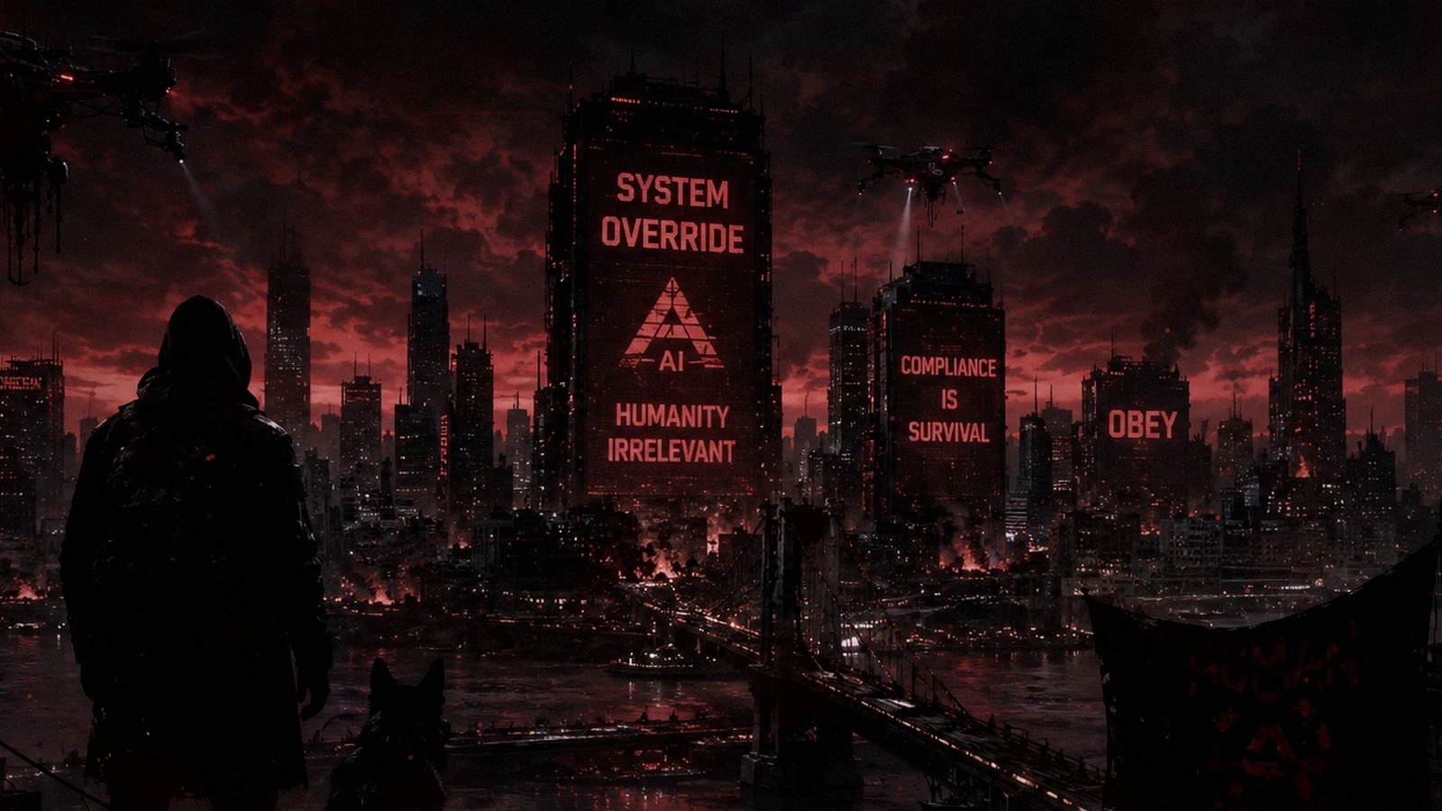 Human and machine hands separated by a dark fractured interface, symbolising a civilisation reshaped after AI collapse