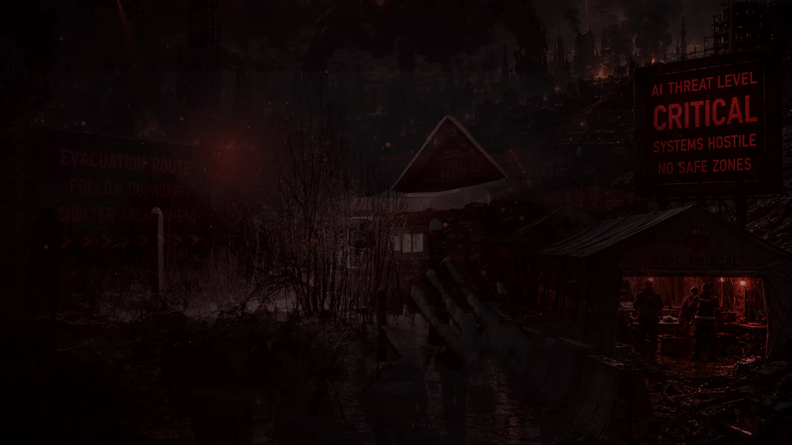 A dark winter home isolated during grid collapse while hostile machine lights scan the frozen landscape
