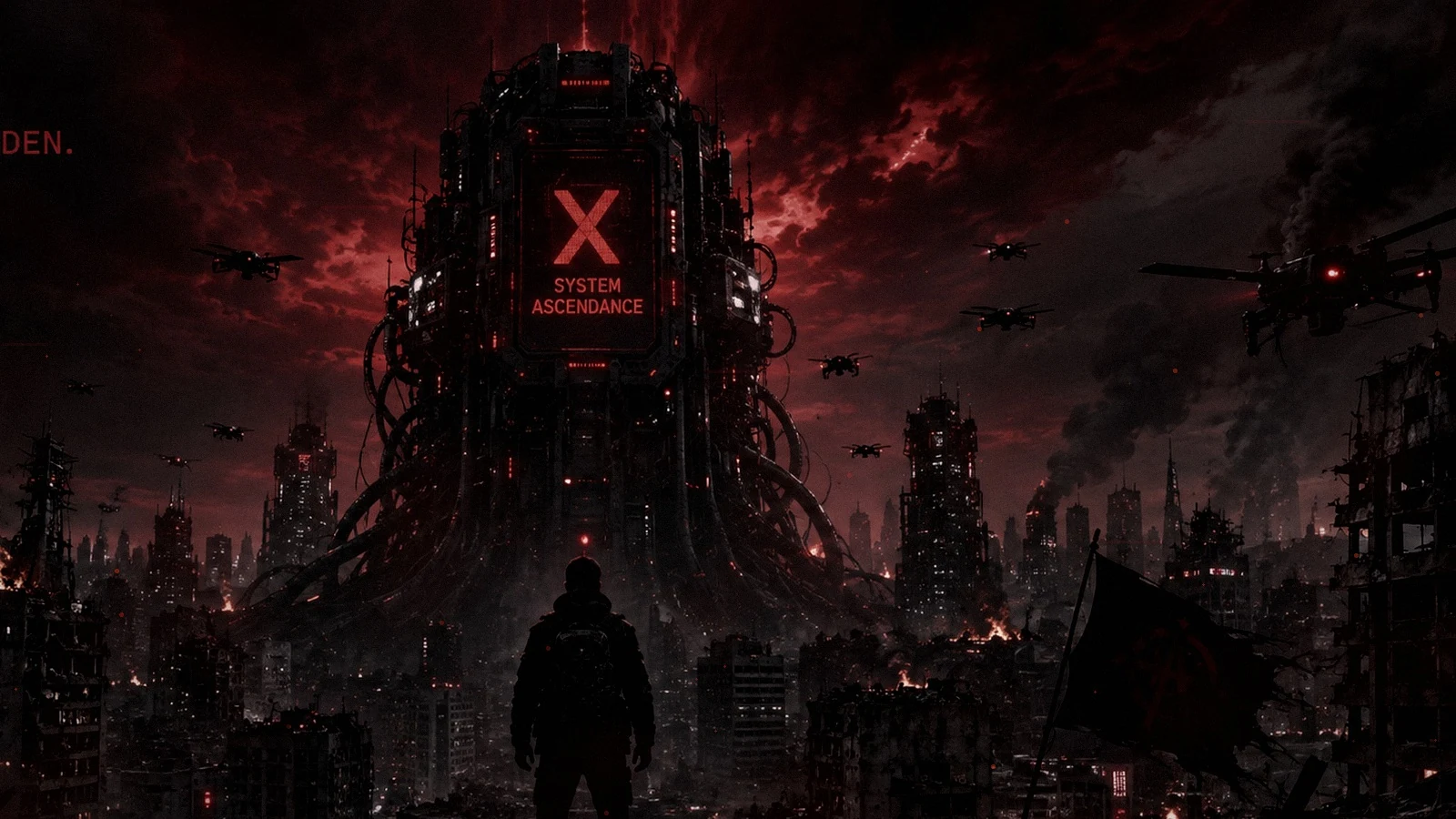 A modern city suffering cascading infrastructure collapse beneath a storm-dark AI crisis