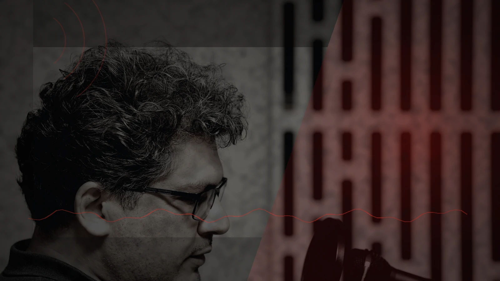 Radio presenter at a communications microphone, transformed into the site’s dark emergency broadcast visual style