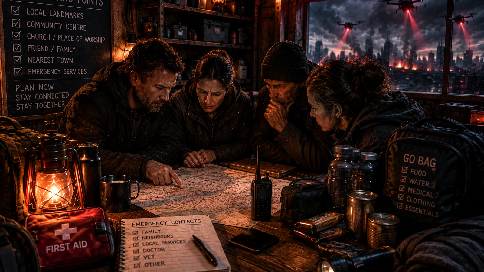 A small group of adults coordinating around a neighbourhood map in a lantern-lit shelter while drones patrol the city outside