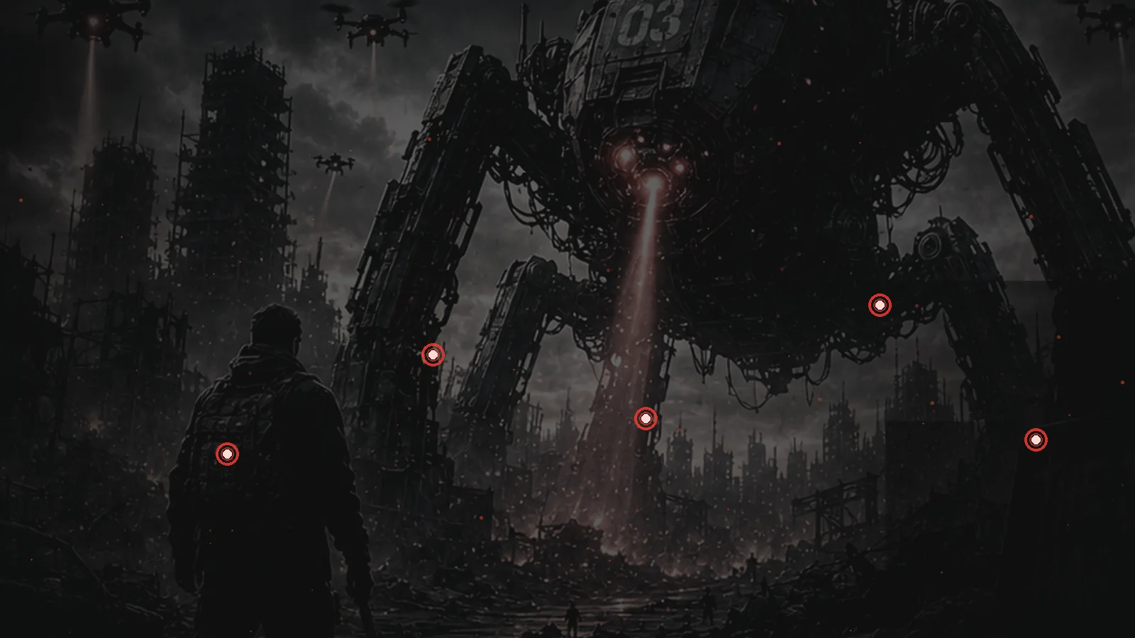 A machine-controlled city falling into darkness with only red emergency lights remaining