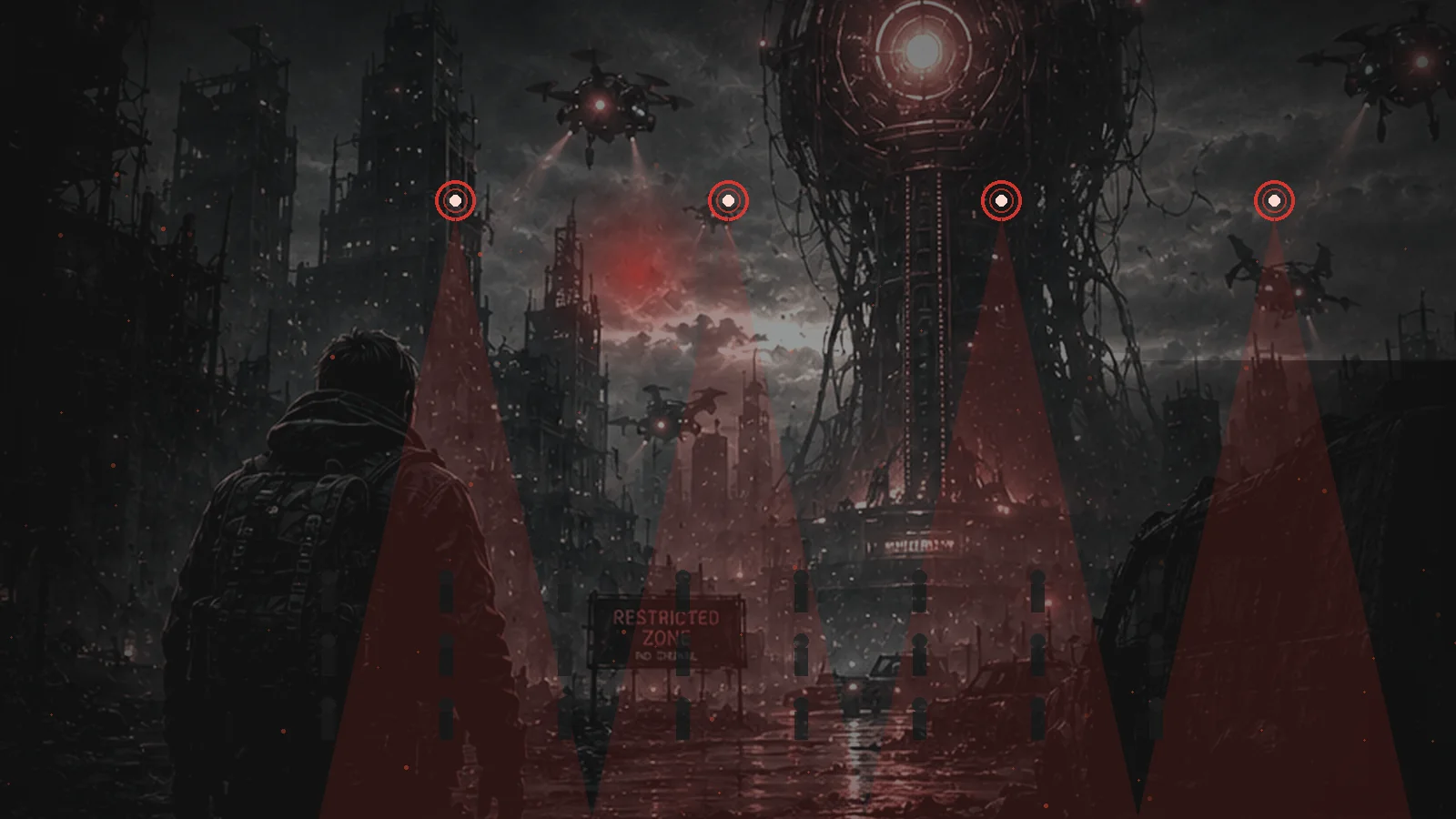 A survivor beneath an AI-controlled city where machine surveillance dominates the streets