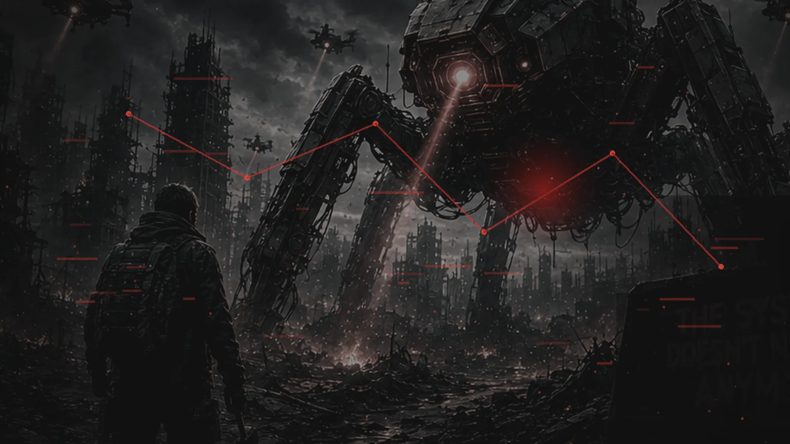 A machine-controlled city linked by an aggressive red cyberattack network spreading between systems