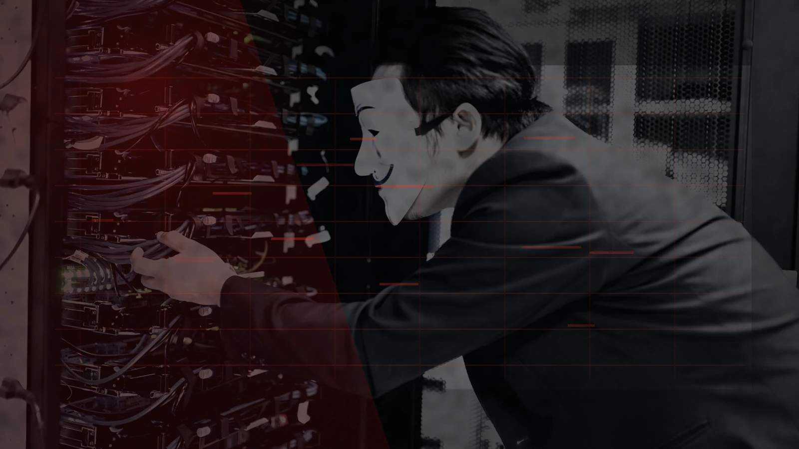 Masked intruder manipulating server infrastructure, transformed into the site’s dark red cyber-collapse visual style