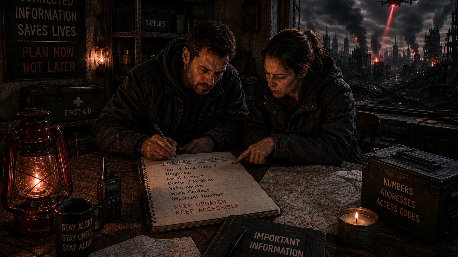 Two adults organising offline contact information, maps and important records under lantern light during a digital systems failure