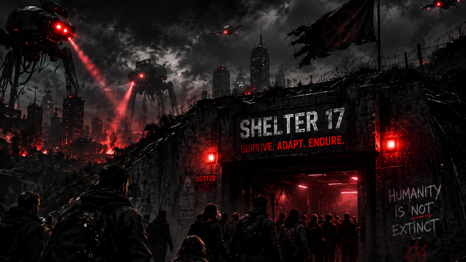 Survivors carrying compact emergency bags toward a red-lit bunker as machines patrol overhead