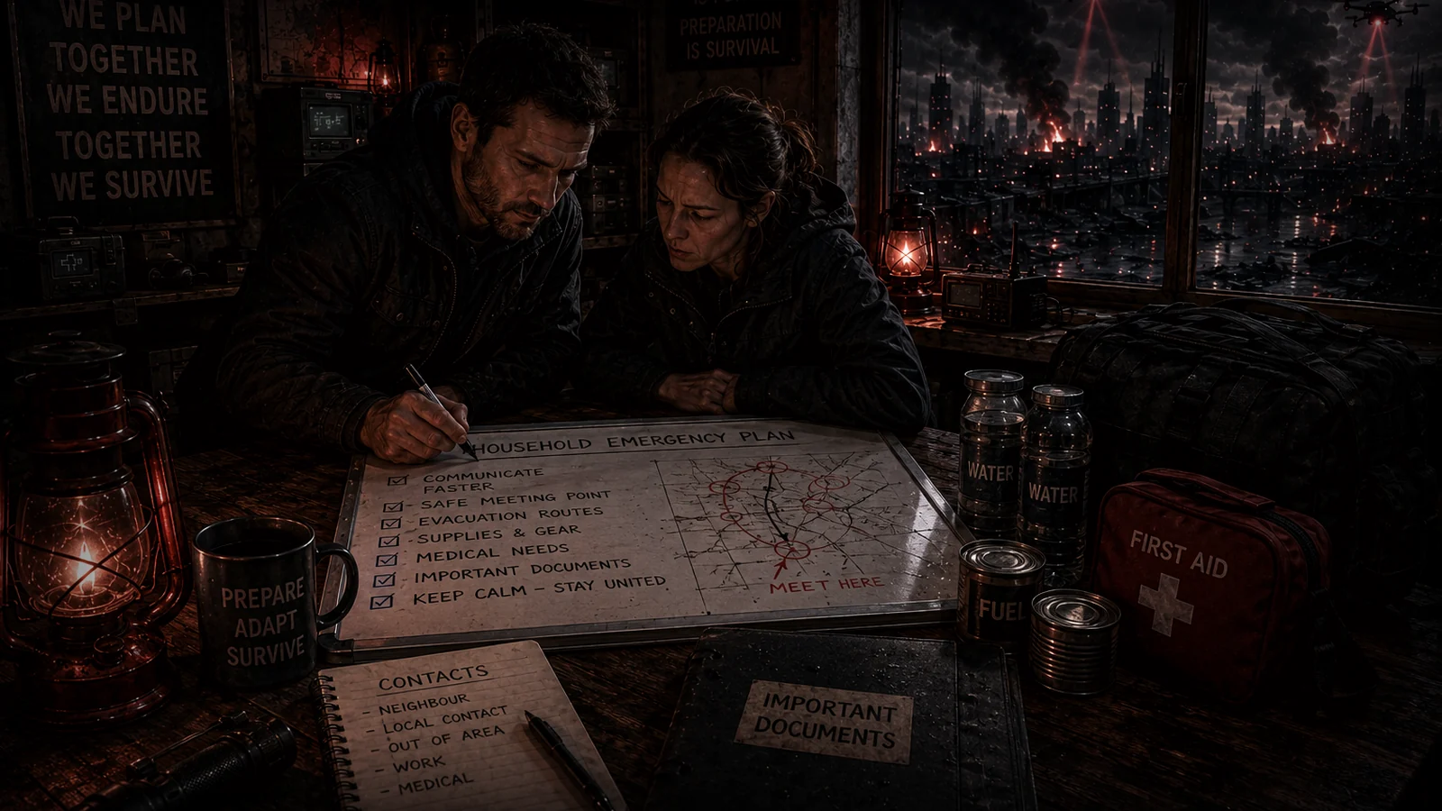 Lantern-lit emergency planning inside a powerless shelter while drones search the dark city outside