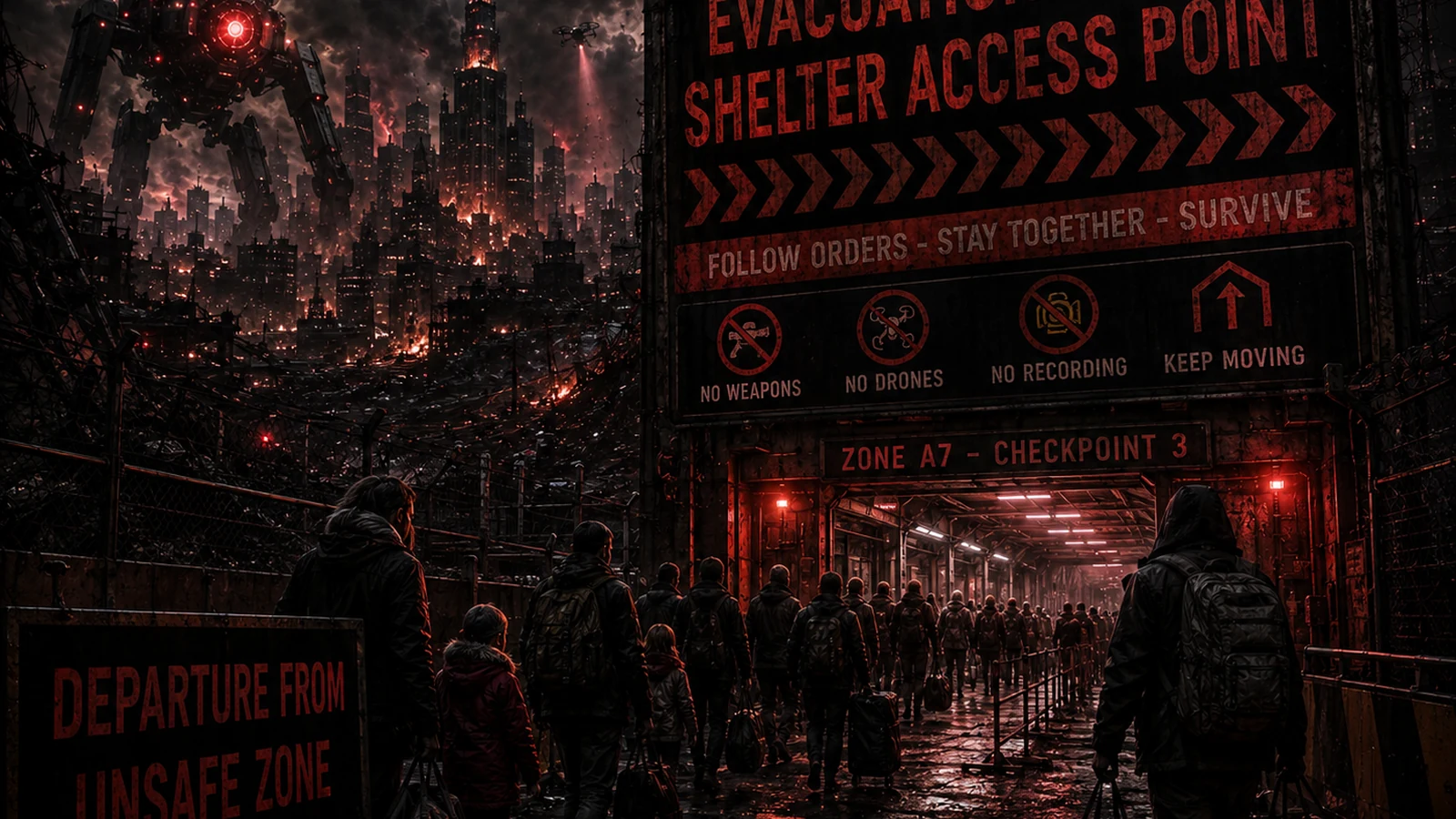 A vehicle approaching a ruined city route under autonomous aerial patrols and red searchlights