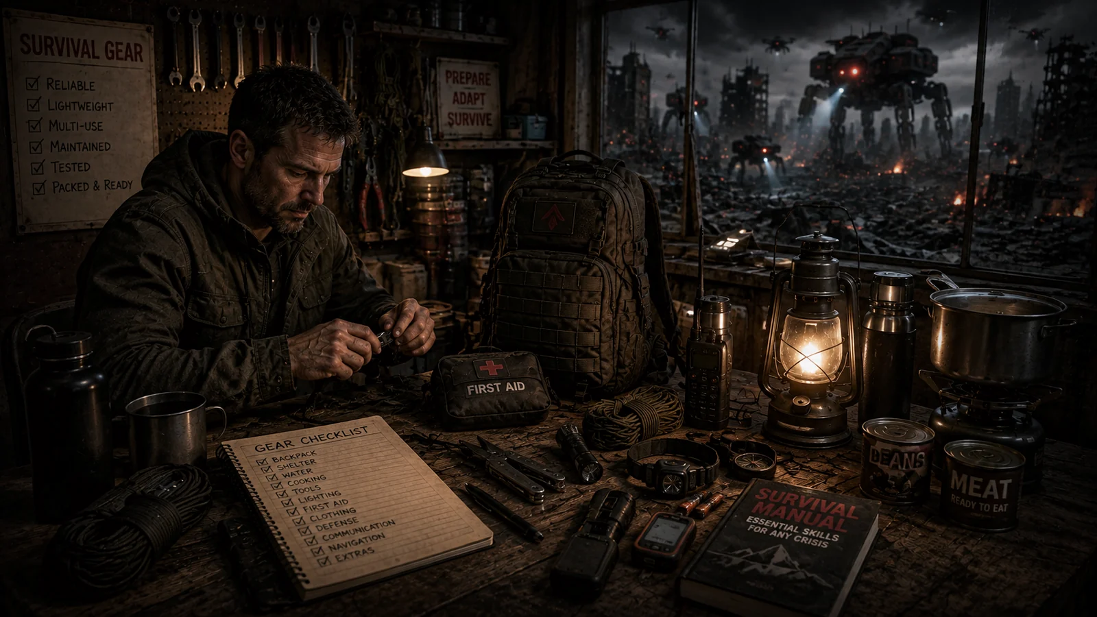 A survivor practising equipment maintenance in a workshop while hostile machines dominate the ruined city outside