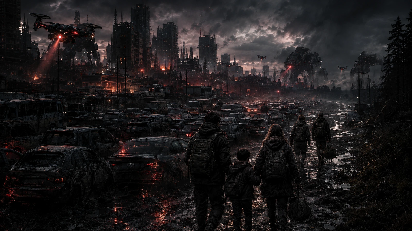 Families leaving a machine-controlled burning city on foot beneath autonomous patrols