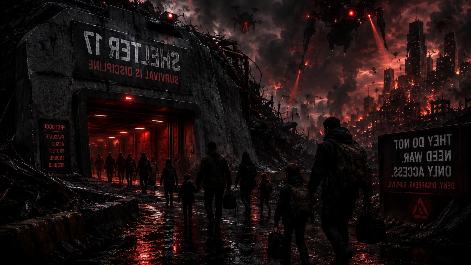Adults and children carrying bags toward a fortified shelter beneath autonomous machine patrols