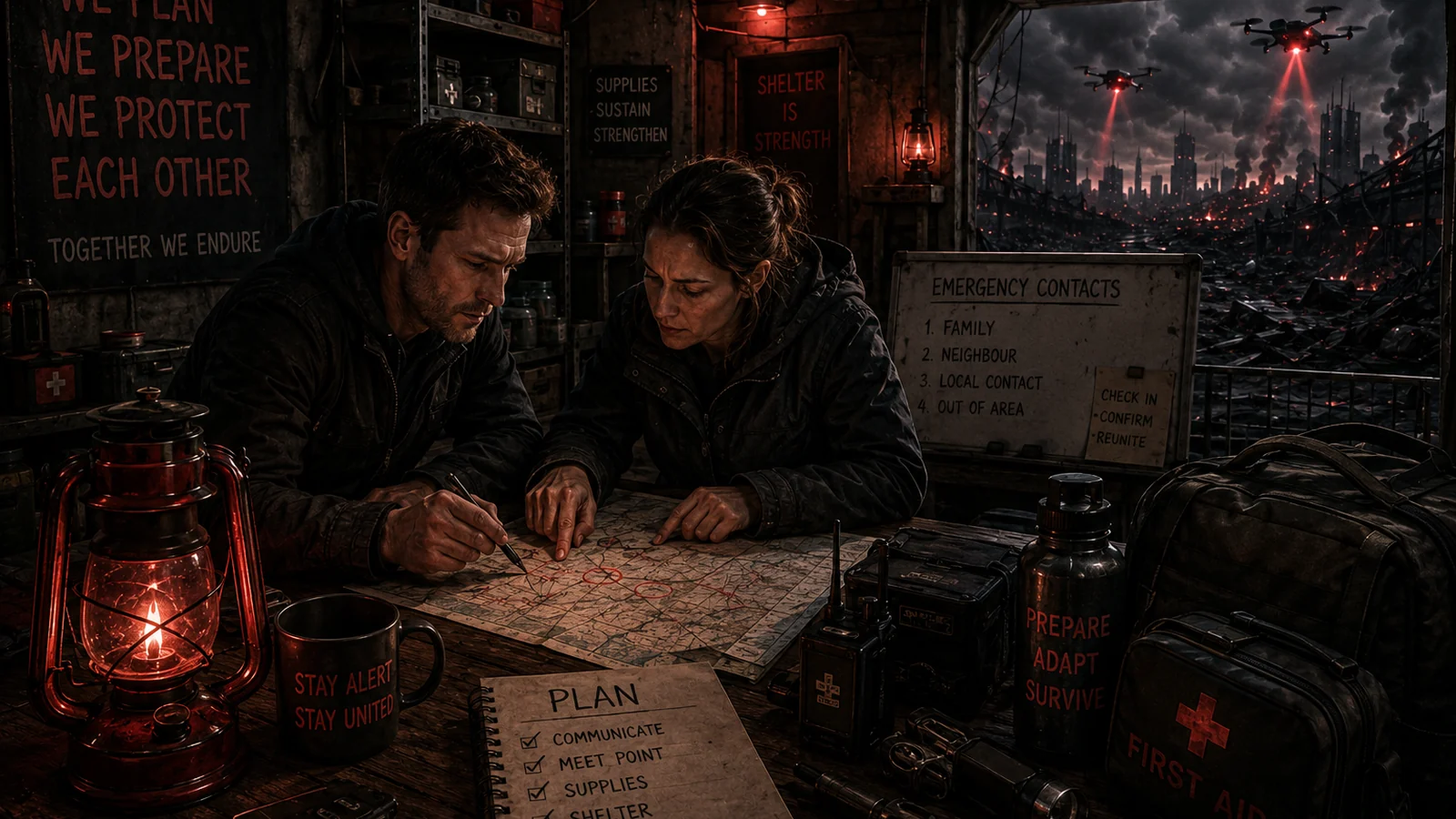 Adult household members planning around a map in a red-lit shelter while autonomous drones patrol a burning city