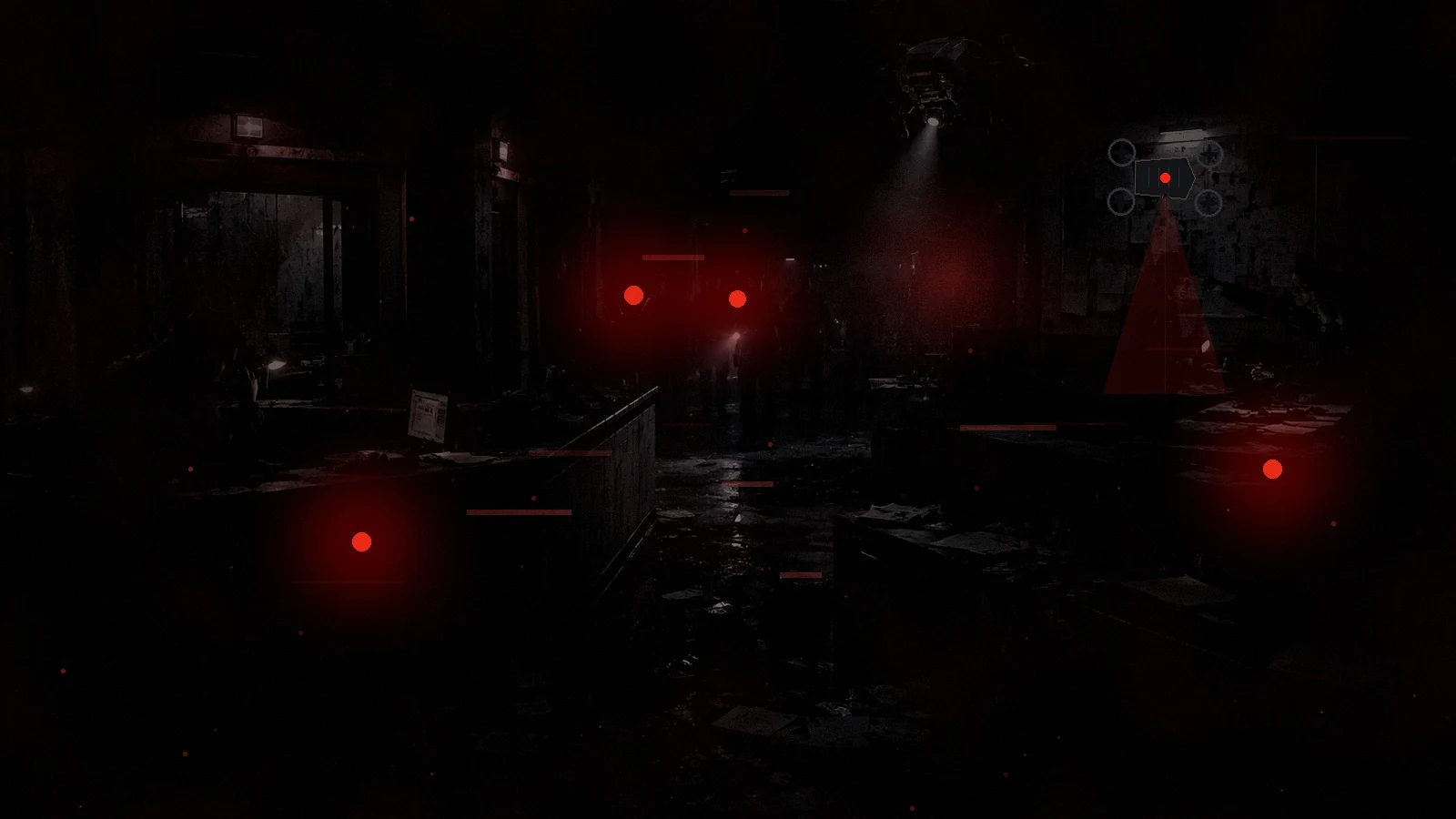 Police officers operating inside a blacked-out station as emergency communications and public order begin to fail