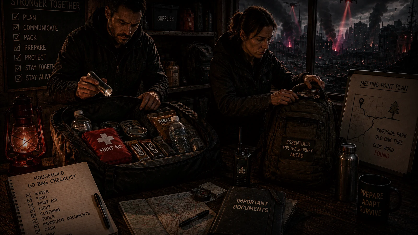 A first-aid kit and practical household supplies organised beside maps and an emergency plan in a red-lit shelter