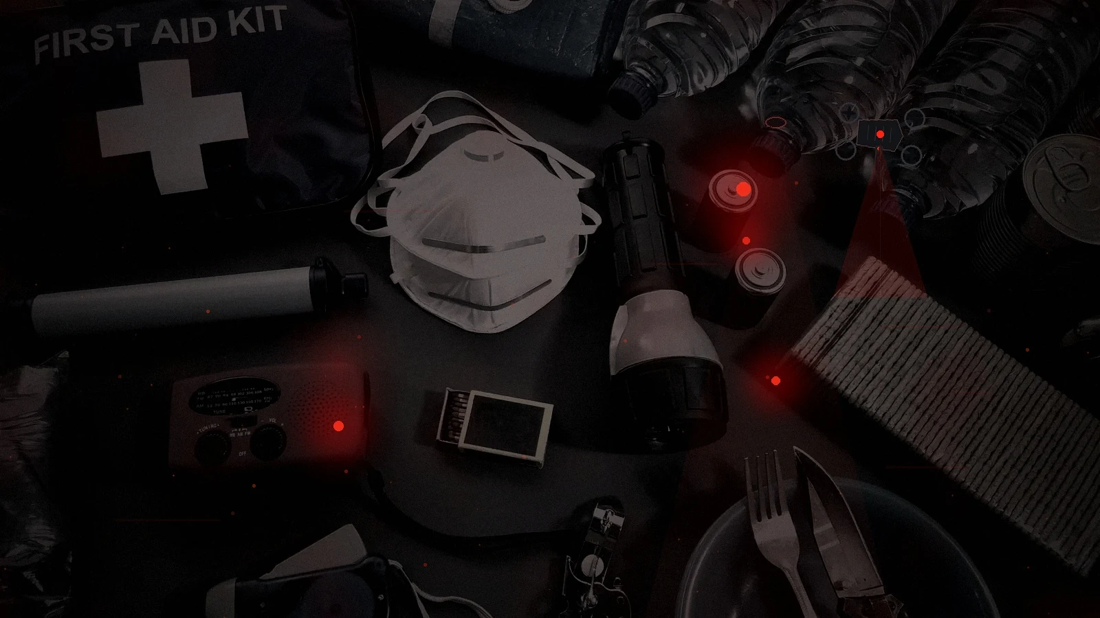 Emergency medical, water and survival supplies laid out under failing red emergency light for the first week of collapse