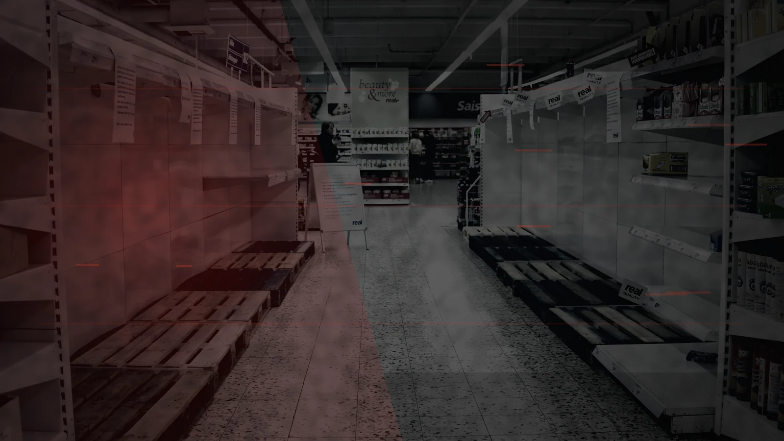 Nearly empty supermarket shelves during a severe food shortage, graded into the site’s dark emergency visual style