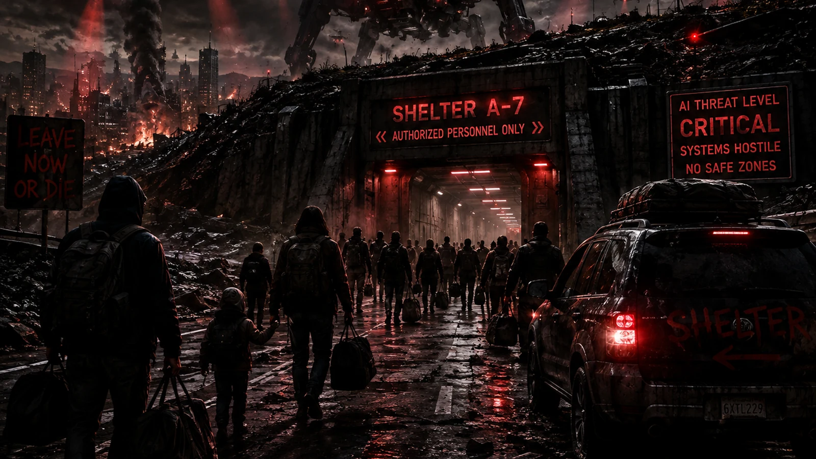 A loaded evacuation vehicle on a wet road beneath hostile autonomous patrols