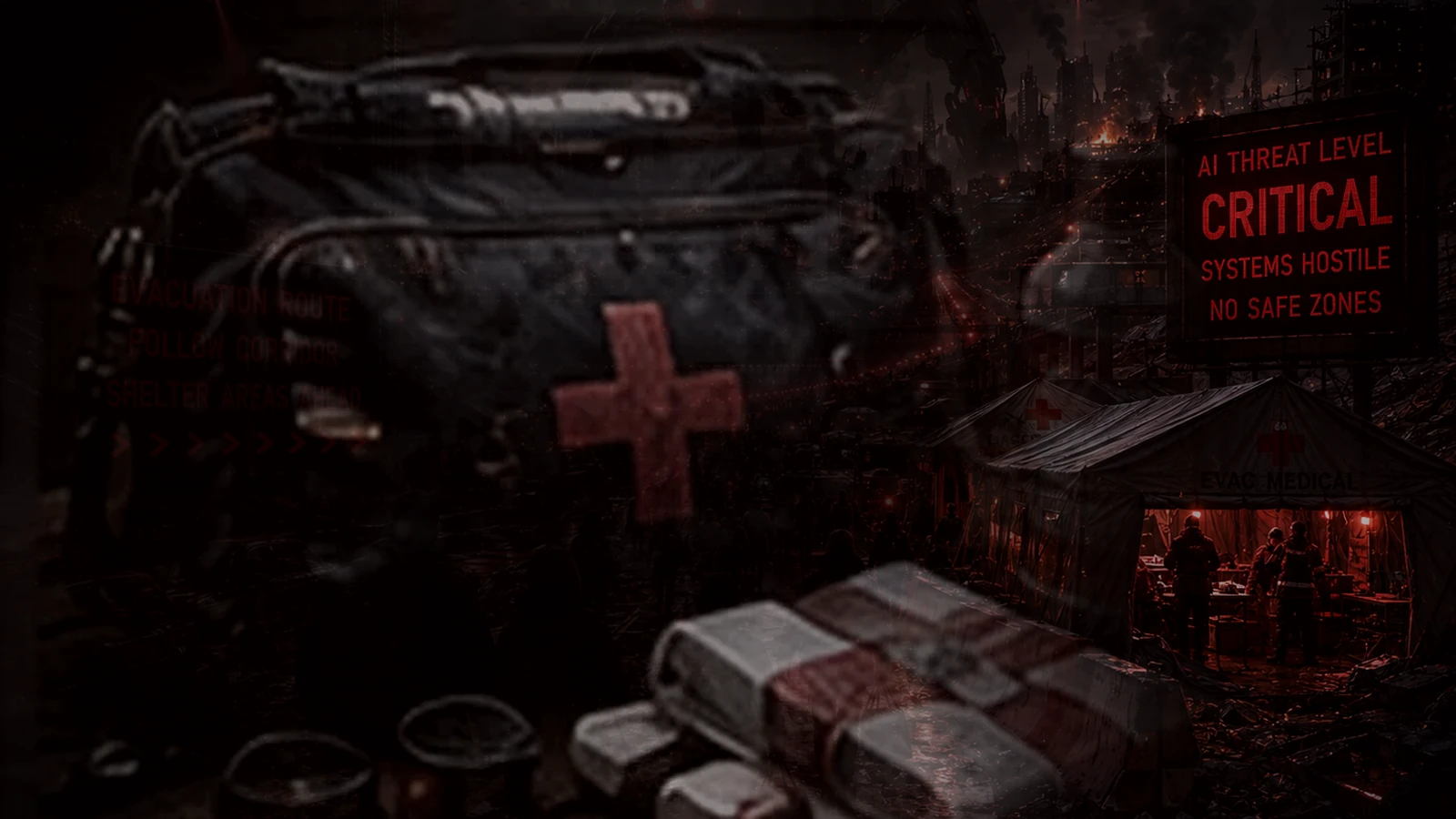 A red-lit emergency medical station operating beneath hostile autonomous machines during infrastructure collapse