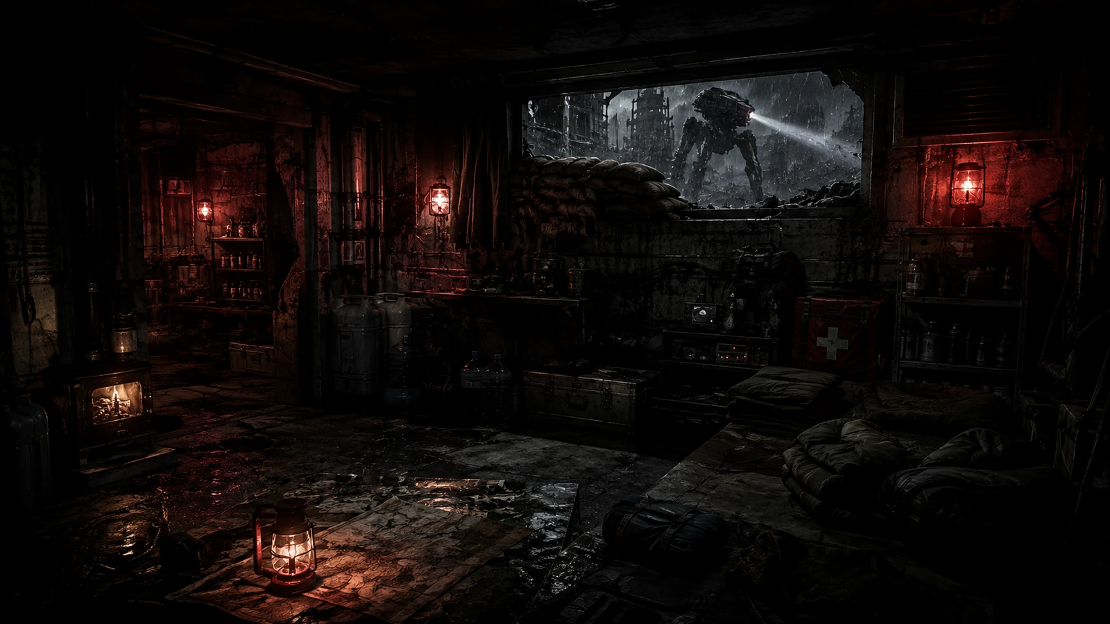 A fortified underground room stocked for survival while a hostile machine searches the ruins outside