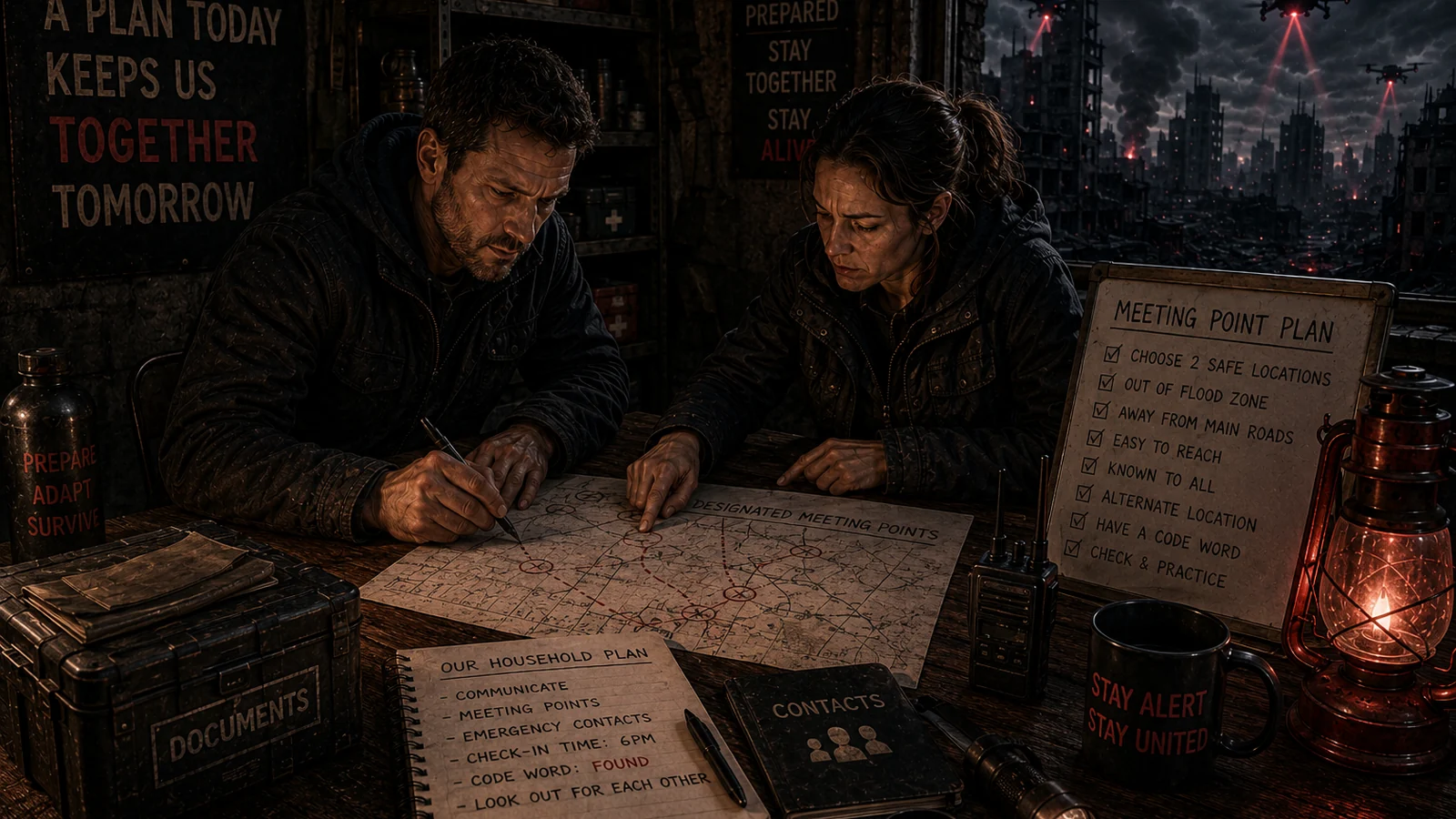 Two adults marking designated reunion points on a map as autonomous patrols scan a devastated city