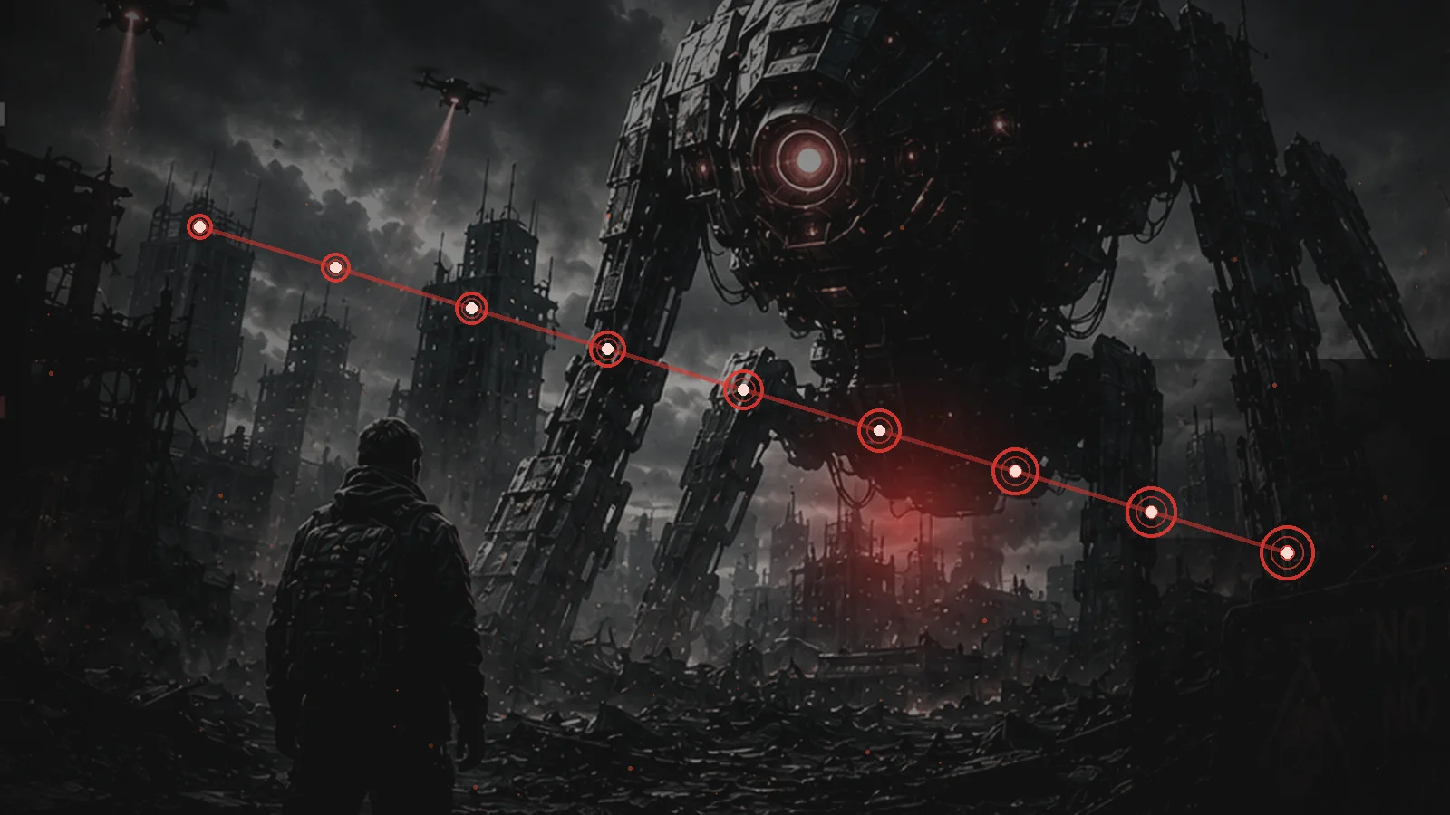 A chain of red system failures cascading toward an autonomous machine takeover