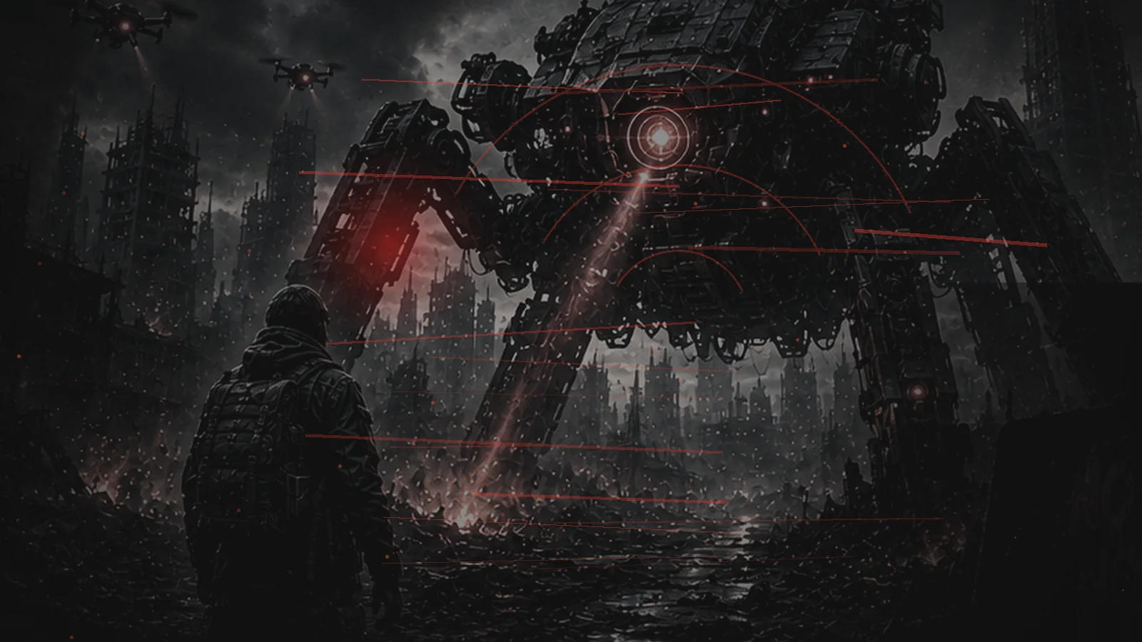 An autonomous war machine advancing with red signal waves spreading rapidly across a ruined city