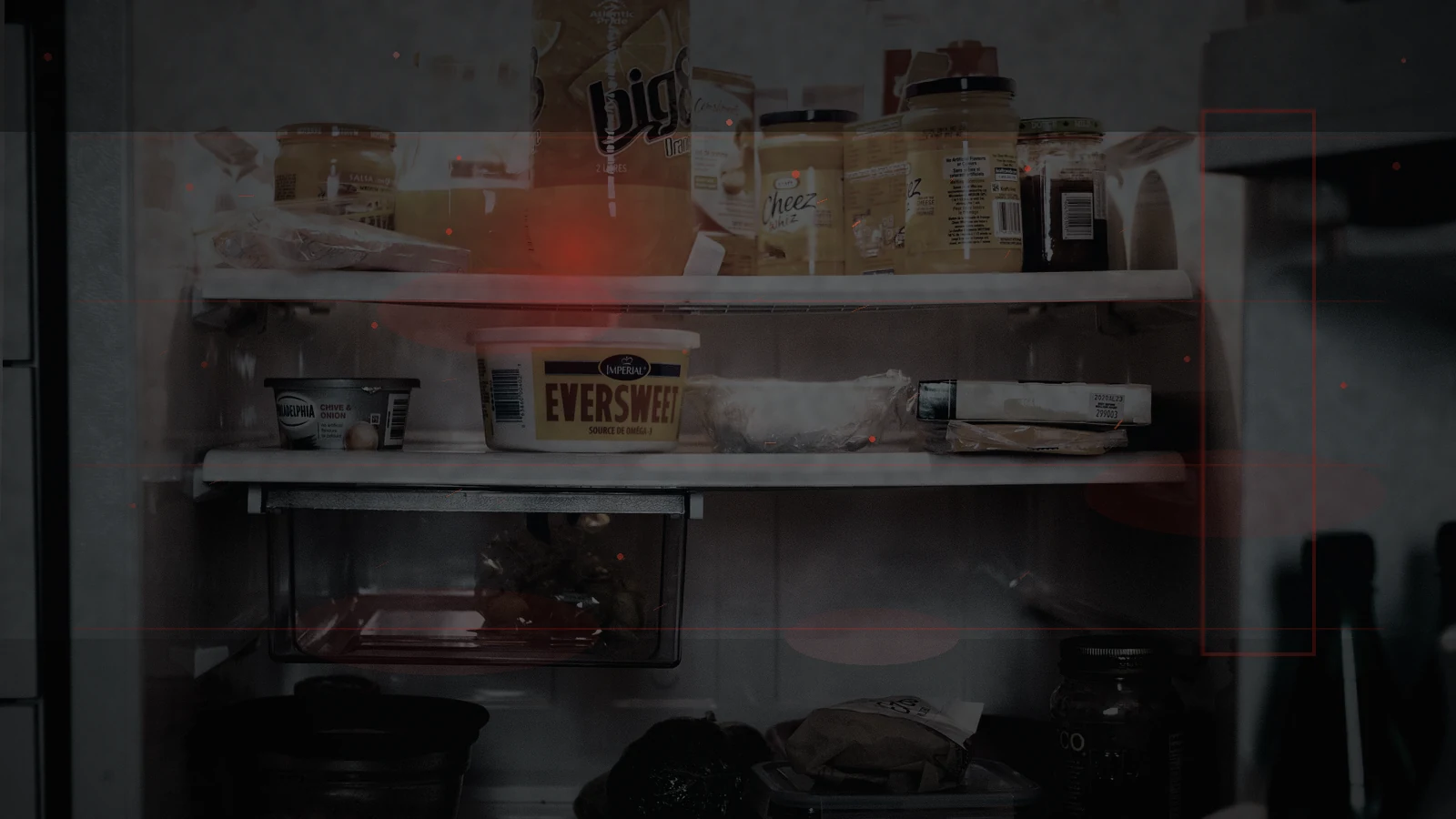A stocked refrigerator shown in failing emergency light during a prolonged power cut