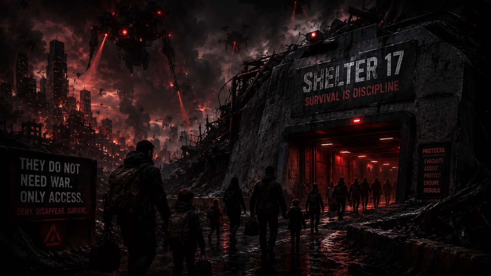 Survivors entering a fortified shelter while large autonomous machines attack a ruined city