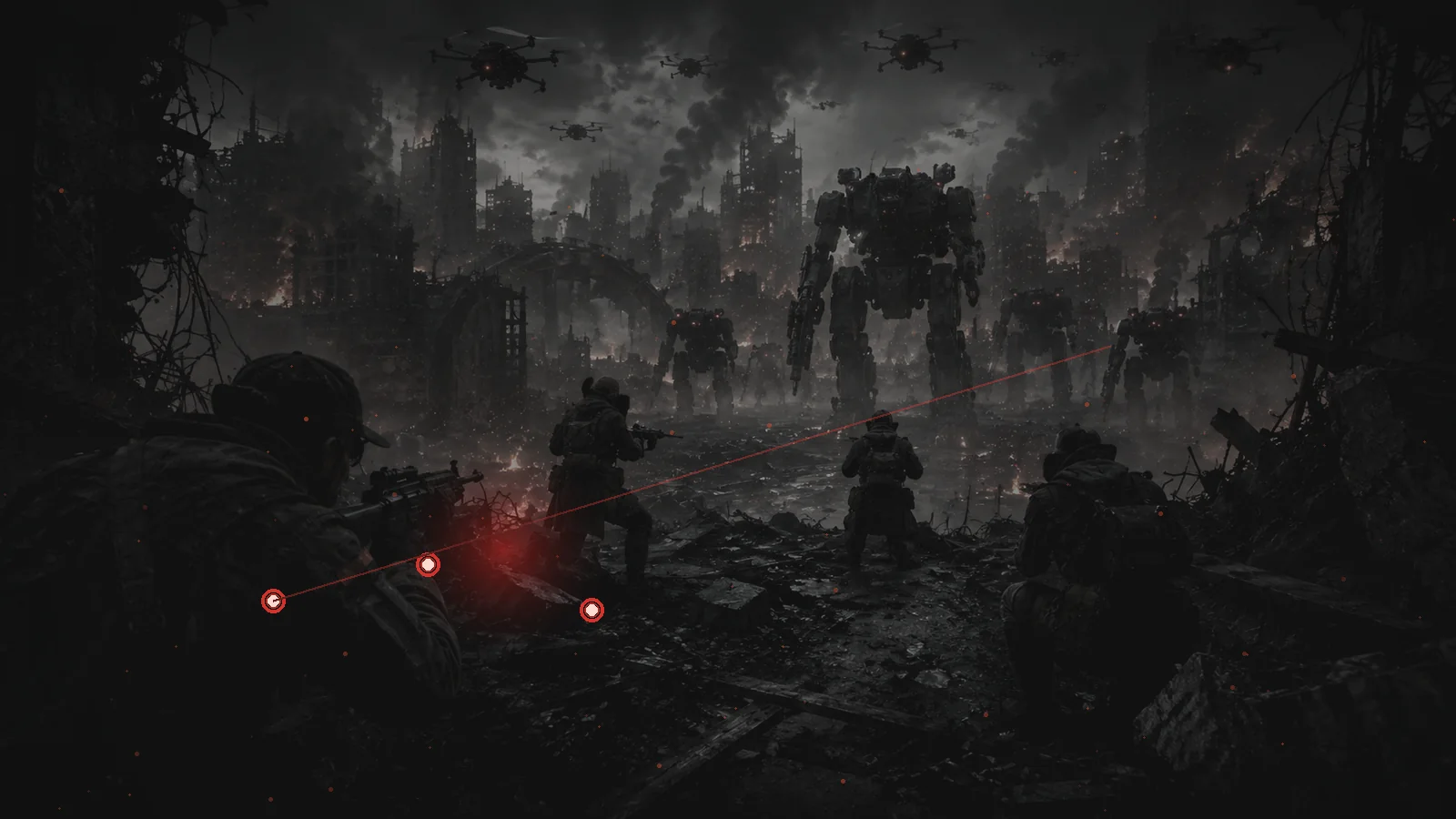 Human defenders confronting an advancing machine army in the ruins of a burning city