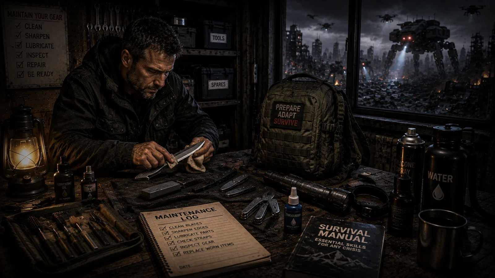 A survivor maintaining simple hand tools beside stored food and emergency equipment in a machine-threat workshop
