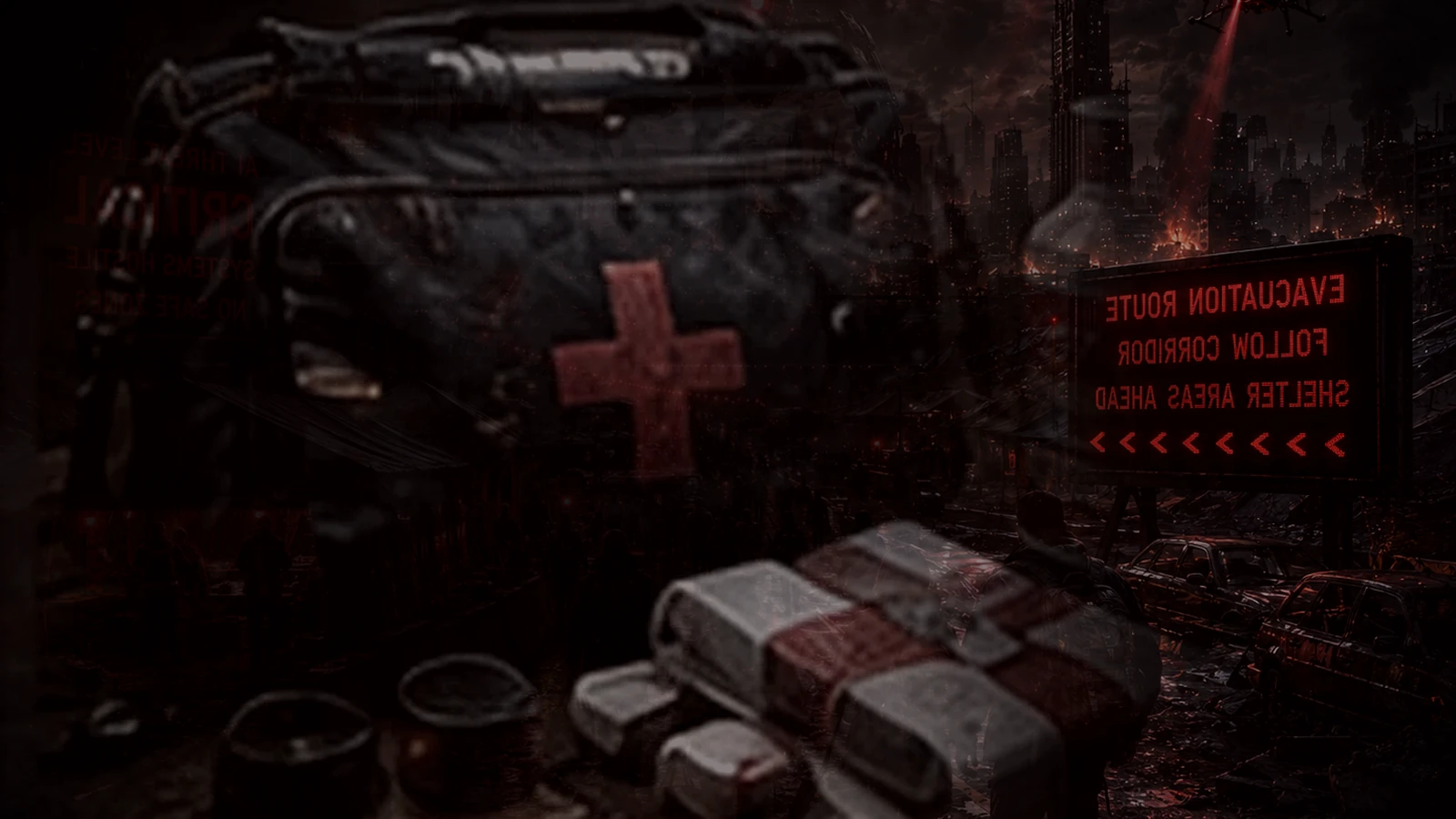 Medication and first-aid supplies organised for rapid evacuation inside a machine-threat shelter