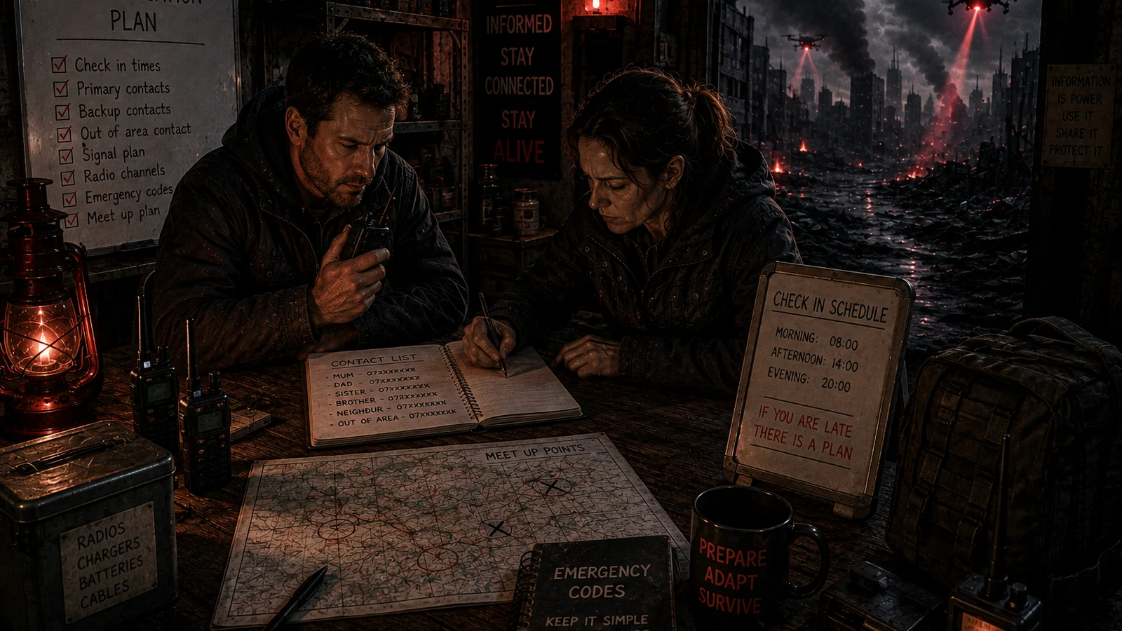 Adults coordinating radios, check-in times and a local map in a fortified room while red-lit drones patrol outside