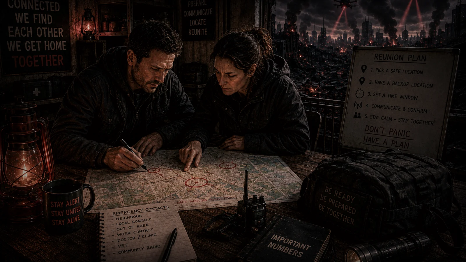 Adults marking routes and rendezvous points on a paper map while communications fail across a ruined city
