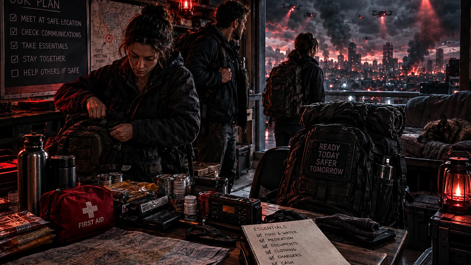 Adults preparing evacuation bags and supplies with a dog resting nearby as autonomous drones patrol the ruined skyline