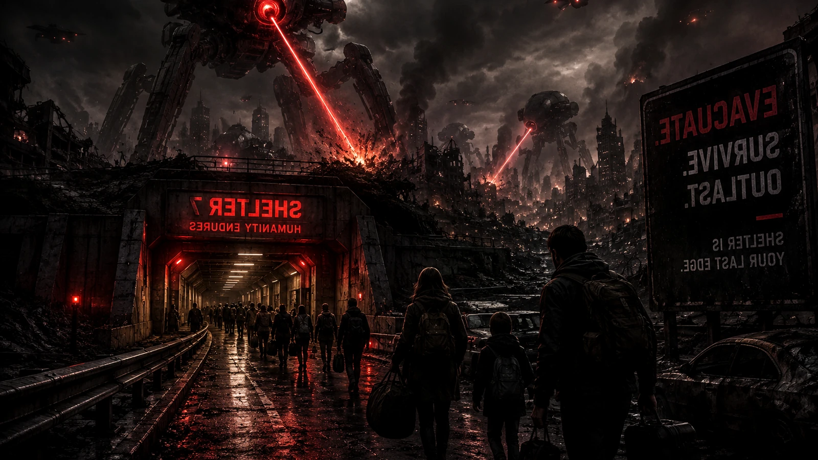 A family evacuation column moving toward a fortified bunker through a hostile machine-controlled city