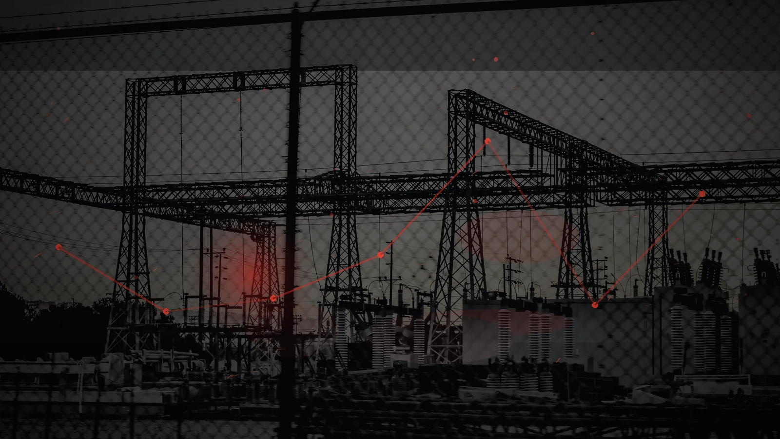 Electrical substation and transmission infrastructure darkened into the site’s emergency power-failure visual style