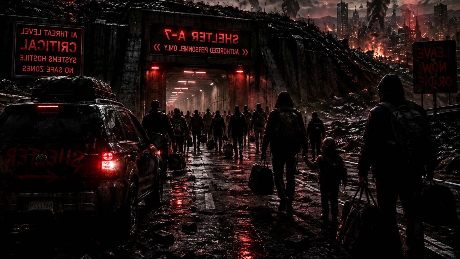 Displaced civilians gathered in a damaged underground transit space while machine patrols control the surface