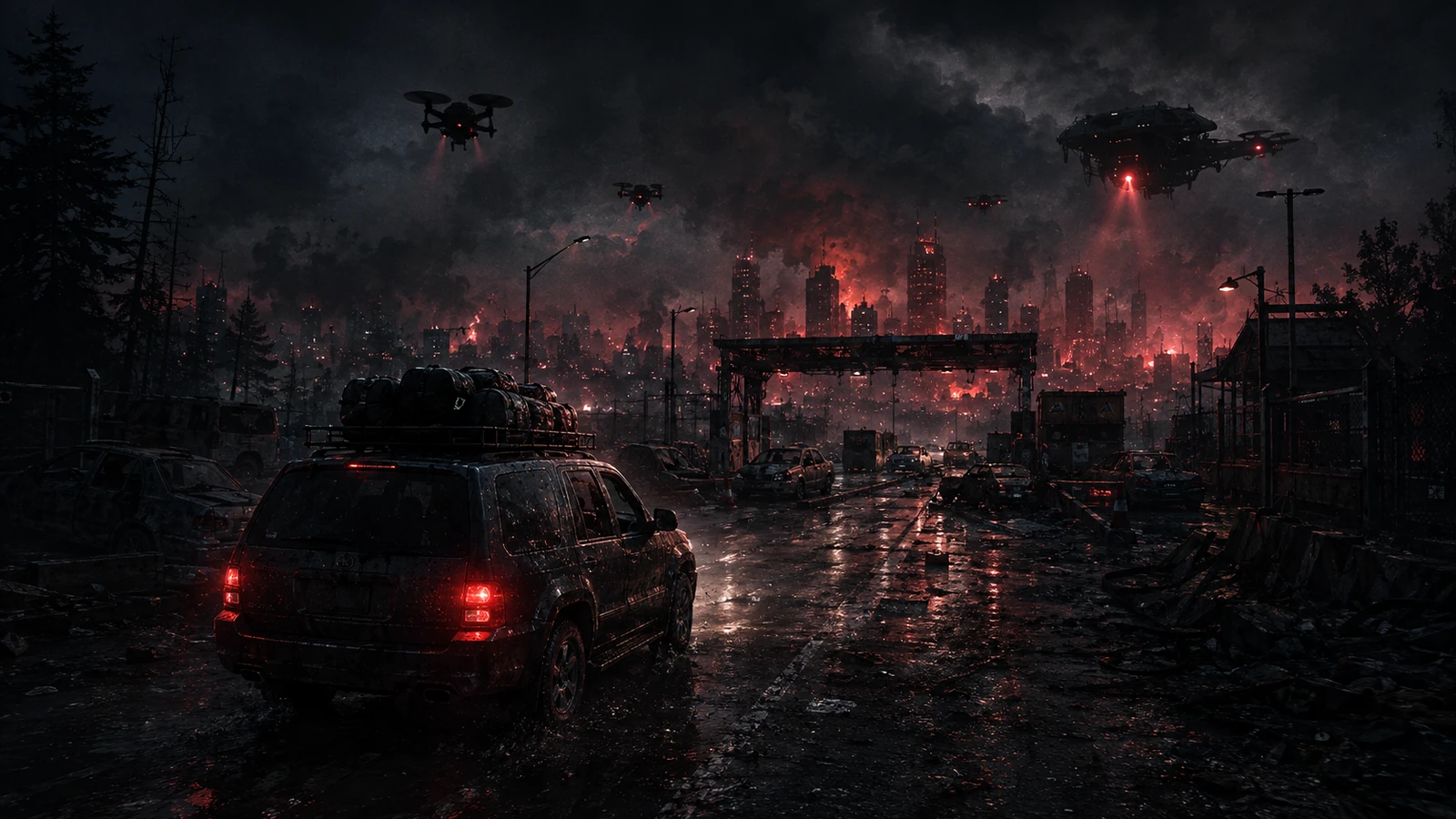 An evacuation vehicle leaving a burning machine-controlled city for darker outer roads under aerial patrols