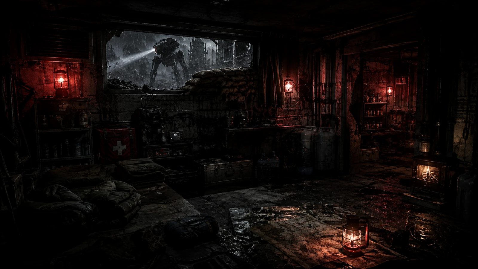 A dark reinforced shelter hiding survivors from a machine patrol visible through the opening
